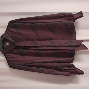 Worthington Satin Floral Tie Neck Blouse Burgundy Black Subtle Jacquard Pattern